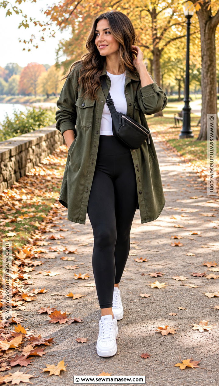 Shacket With Leggings And Sneakers - 30 october outfits