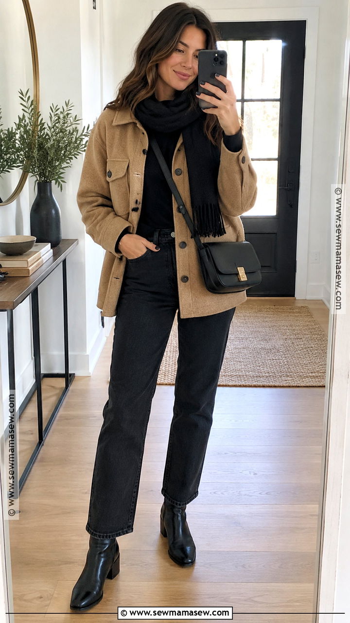 Shacket With Long Sleeve Top And Black Jeans - 20 capsule wardrobe fall winter ideas