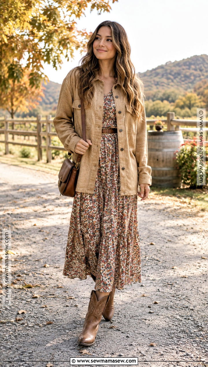 Shacket With Maxi Dress And Western Boots - 20 Shacket Outfit Women Fall Ideas