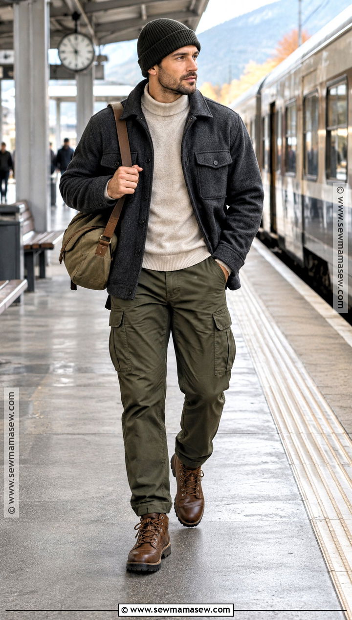 Shacket With Mock Neck And Cargo Pants - 20 mens outfits autumn