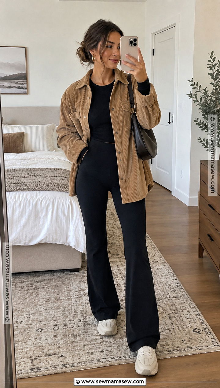 Shacket With Ribbed Top And Flared Leggings - 15 comfy sunday outfit fall ideas