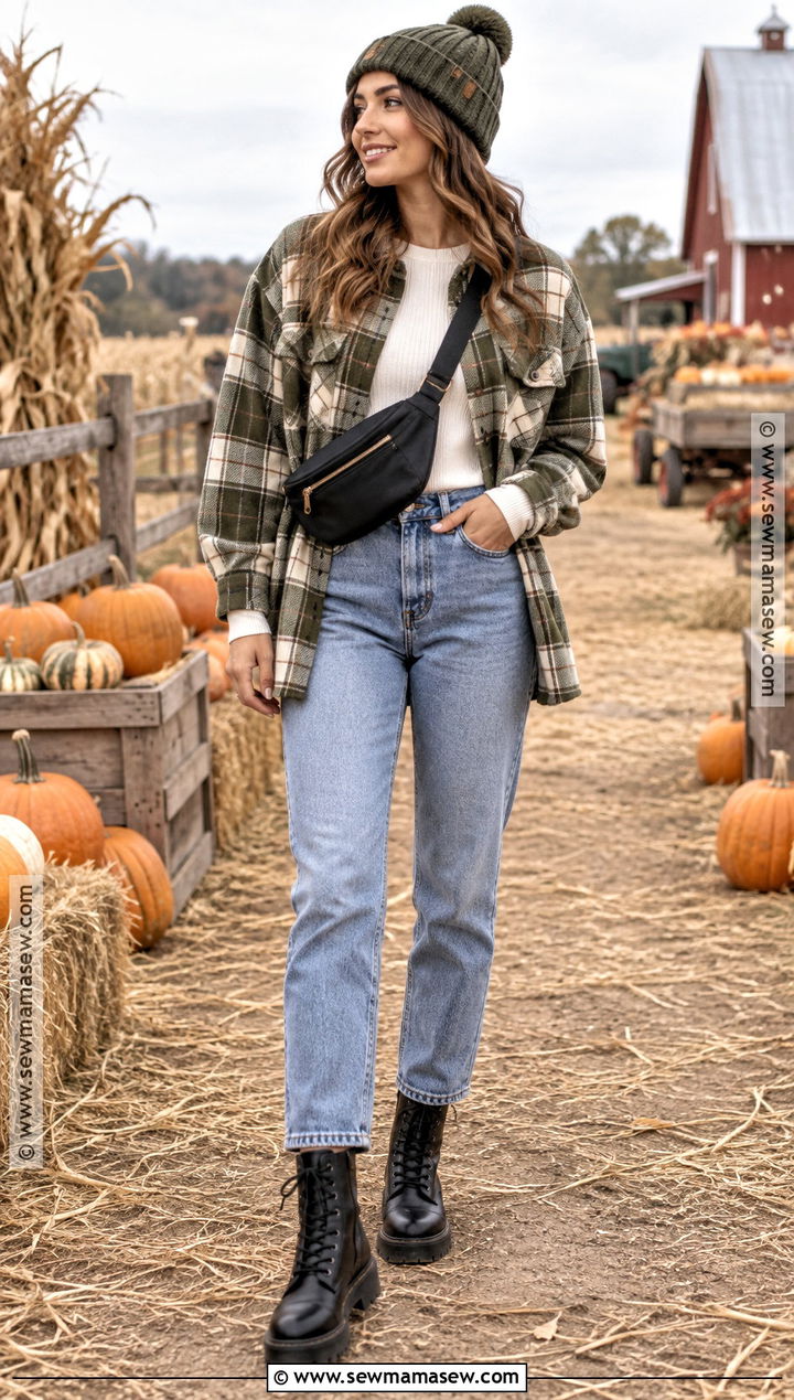 Shacket With Straight Leg Jeans And Combat Boots - 15 Pumpkin Patch Outfit Ideas for Women 2026