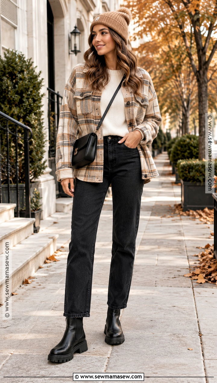 Shacket With Sweater And Black Jeans - 20 winter and fall outfits