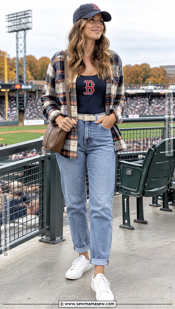 Shacket With Team Tank And Mom Jeans - 20 baseball game outfit fall ideas