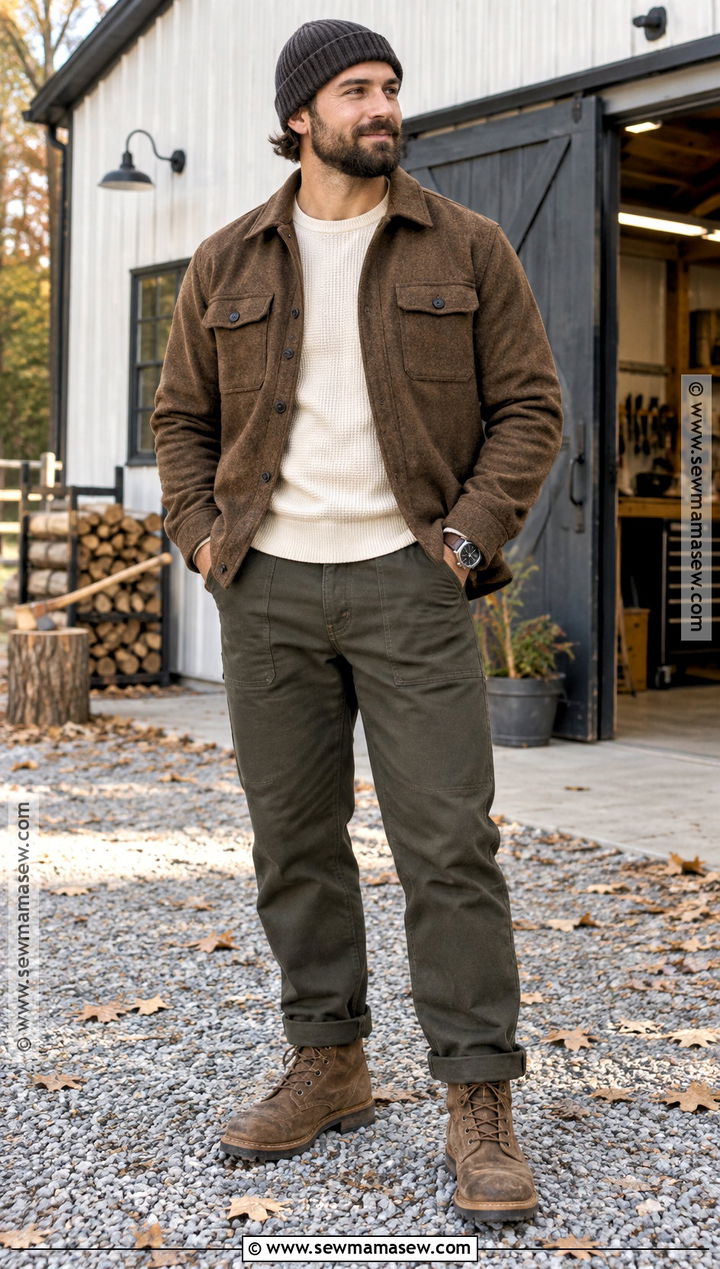 Shacket With Thermal Shirt and Canvas Pants - 20 fall outfits for men casual