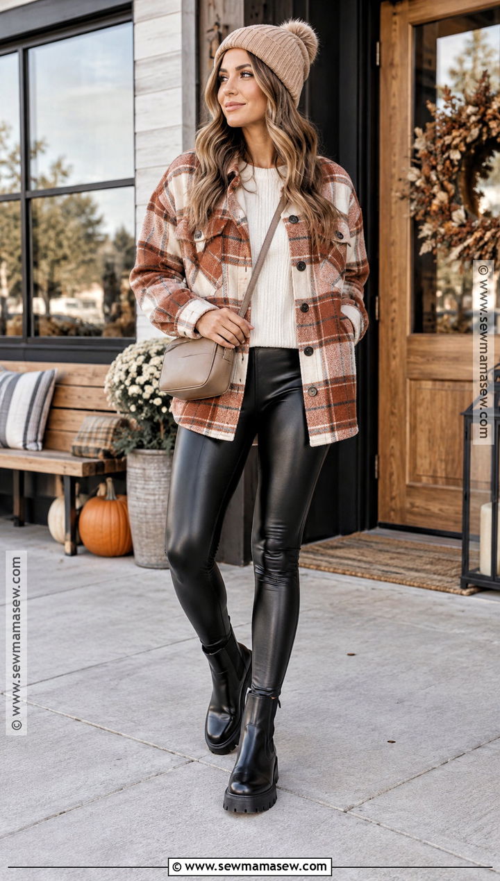 Shacket and Faux Leather Leggings Outfit - 15 fall fashion leggings ideas