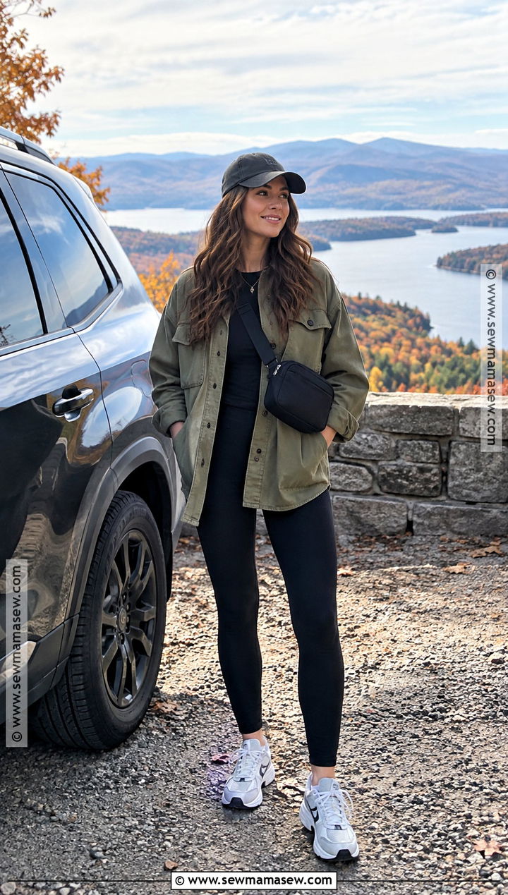 Shacket and Leggings Fall Road Trip Outfit - 15 Chic Fall Travel Outfits