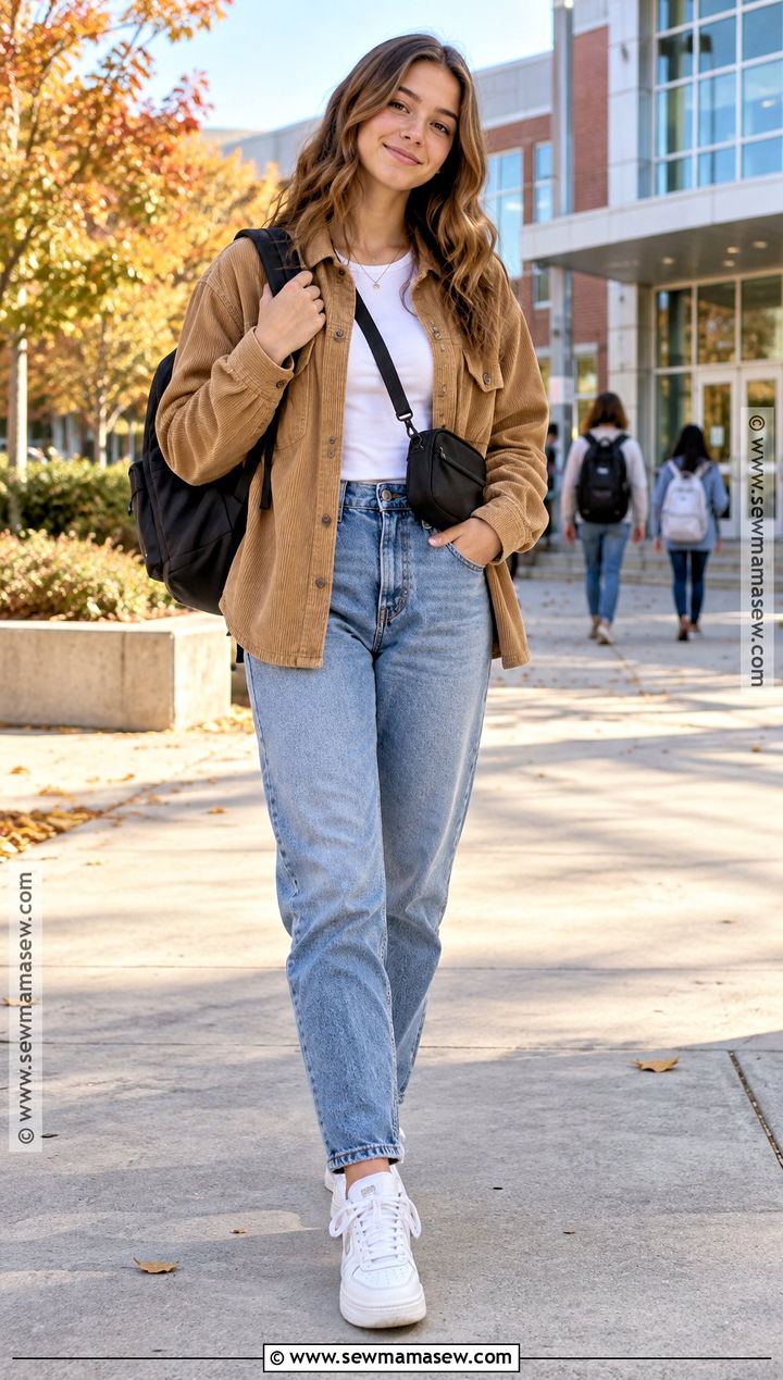 Shacket and Mom Jeans Fall School Outfit - 25 fall outfits for school for teens