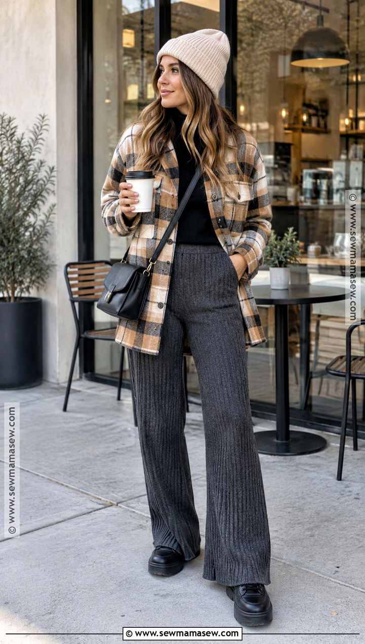 Shacket and Ribbed Knit Pants Outfit - 15 cozy season outfits