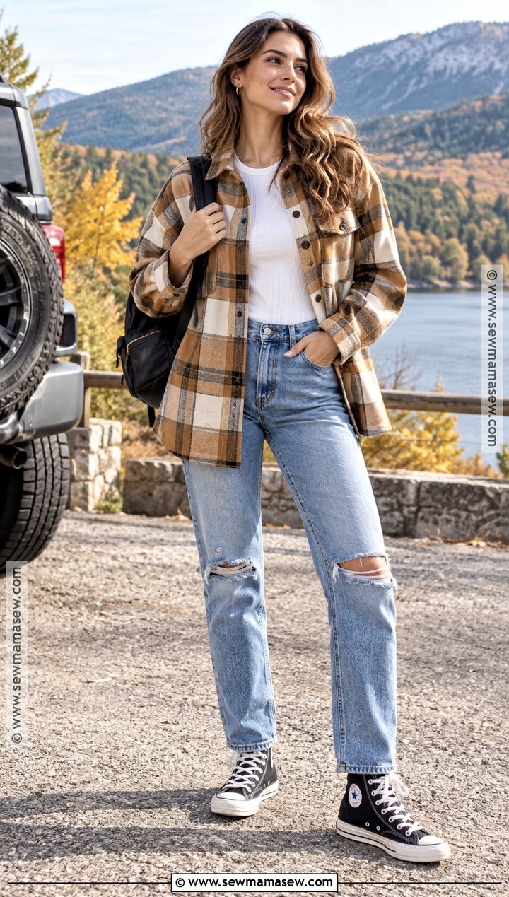 Shacket and Ripped Jeans Converse Outfit - 20 converse fall outfits