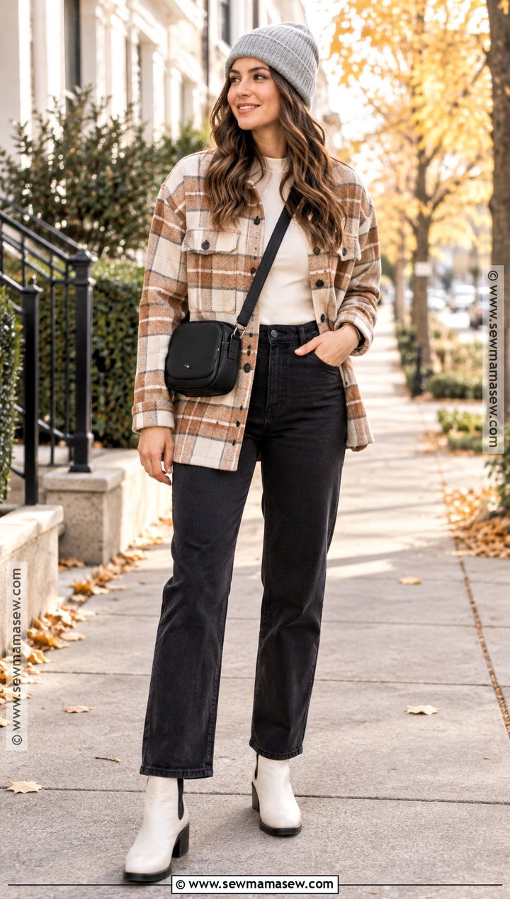 Shacket and White Boots - 20 white boots outfit fall