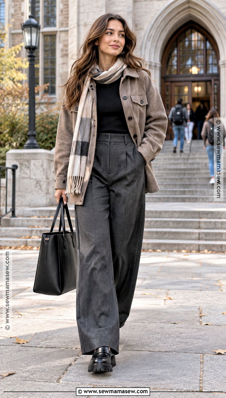 Shacket and Wide Leg Trousers University Outfit - 20 university outfit autumn ideas