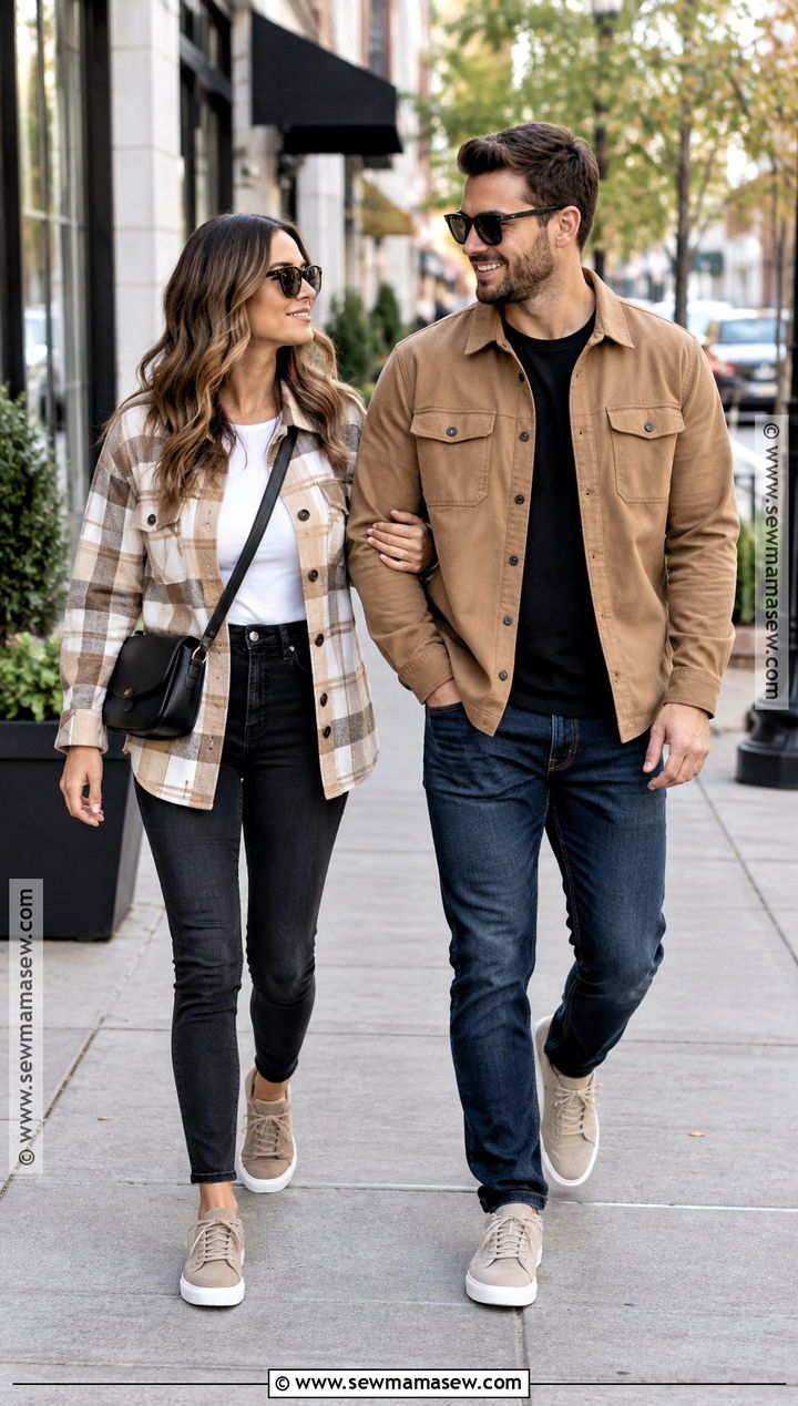 Shackets and Casual Sneakers Couple Outfit - 15 Fall Couple Photos Outfits Casual
