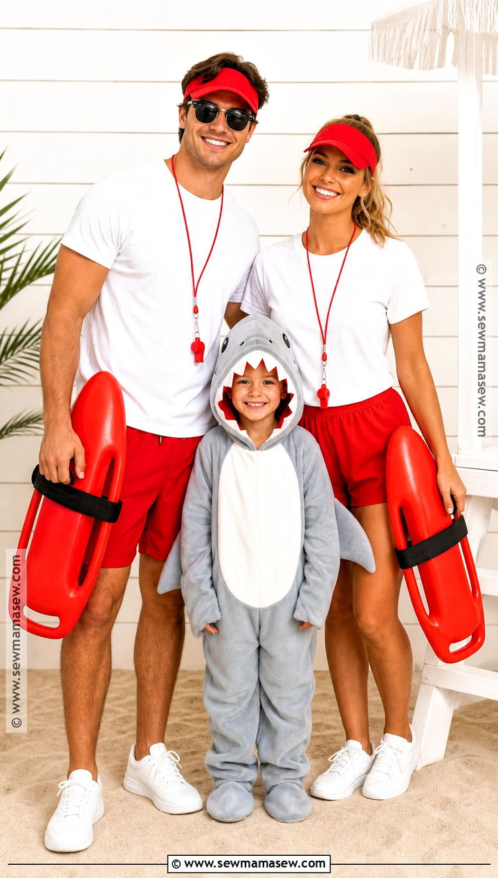 Shark And Lifeguards Costume - 30 cute family halloween costumes for 3