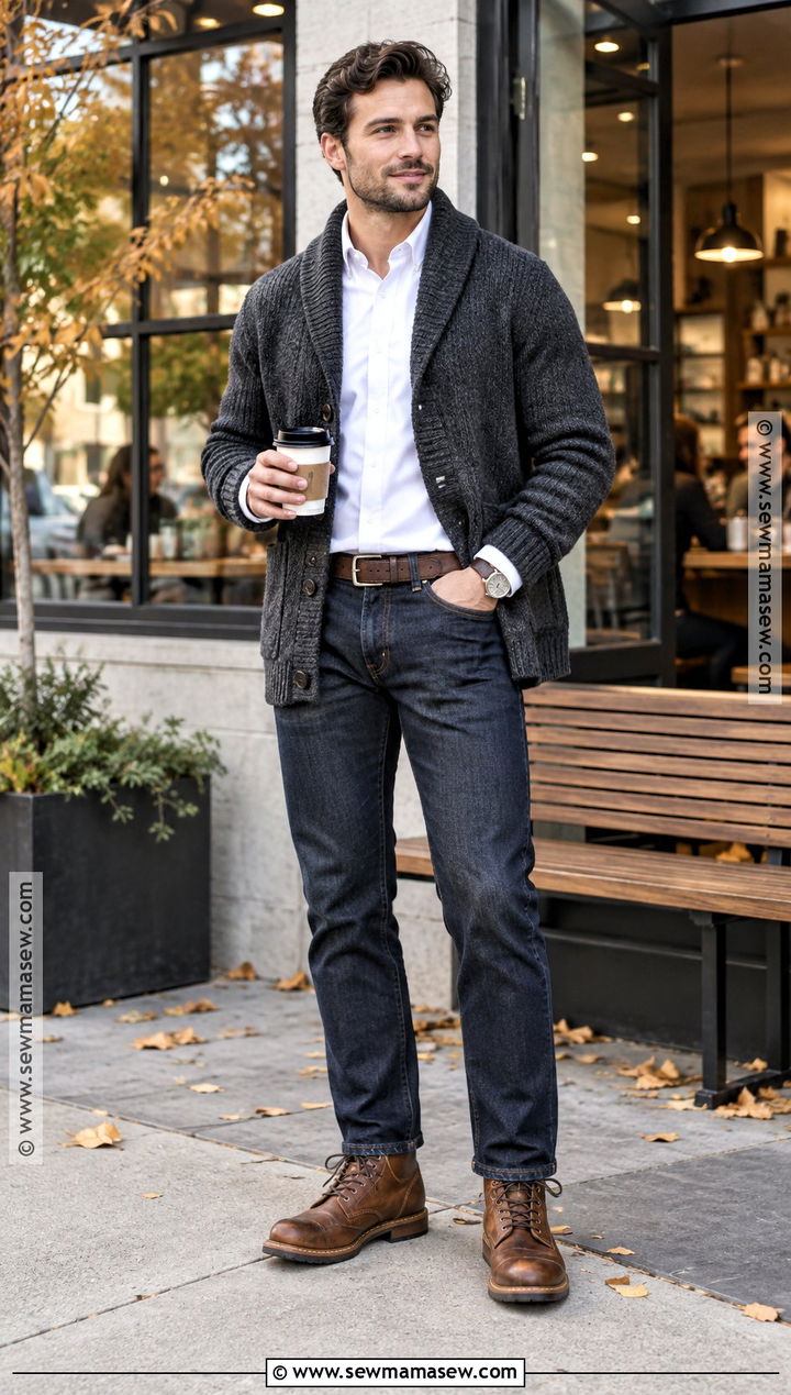 Shawl Cardigan With Dark Denim - 15 dapper fall outfits for men