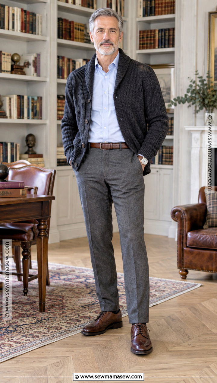 Shawl Cardigan With Oxford Shirt And Wool Pants - 20 autumn male outfit ideas