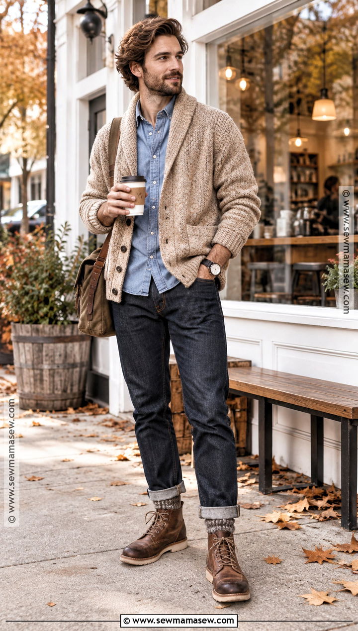 Shawl Cardigan and Chambray Shirt Hipster Fall Outfit - 15 Hipster Fall Outfits for Men