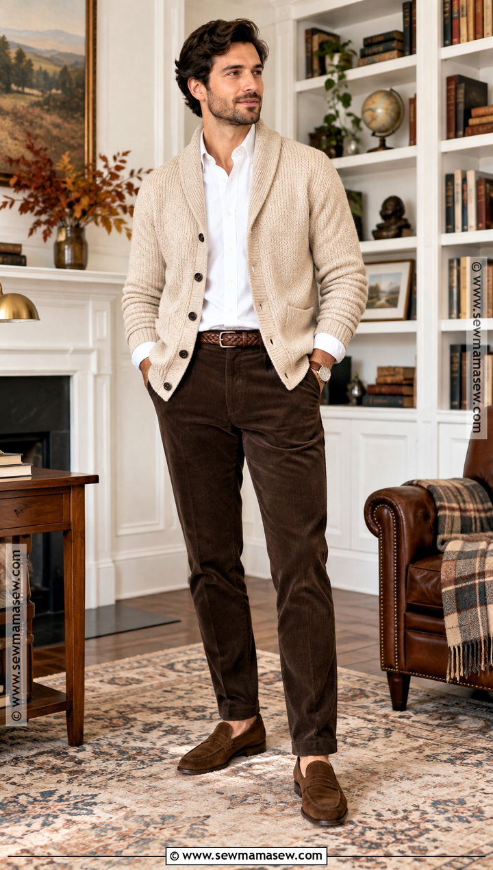Shawl Collar Cardigan Fall Outfit - 20 old money fall outfits for men