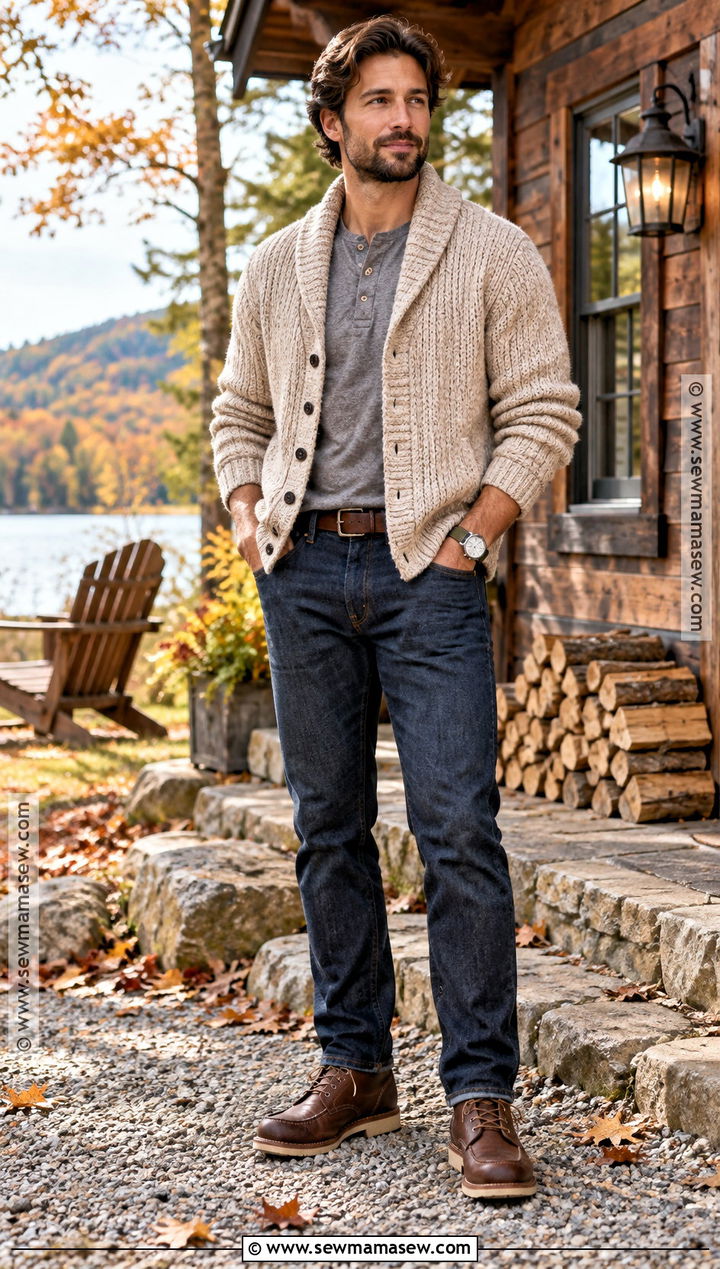 Shawl Collar Cardigan With Henley And Jeans - 15 mens fall sweaters outfits