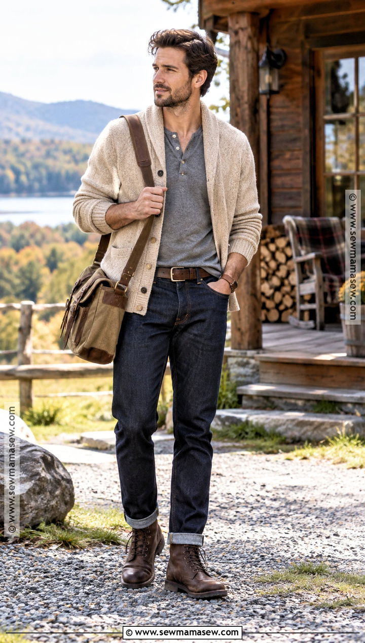 Shawl Collar Cardigan With Henley And Raw Denim - 15 fall outfits men autumn sweaters