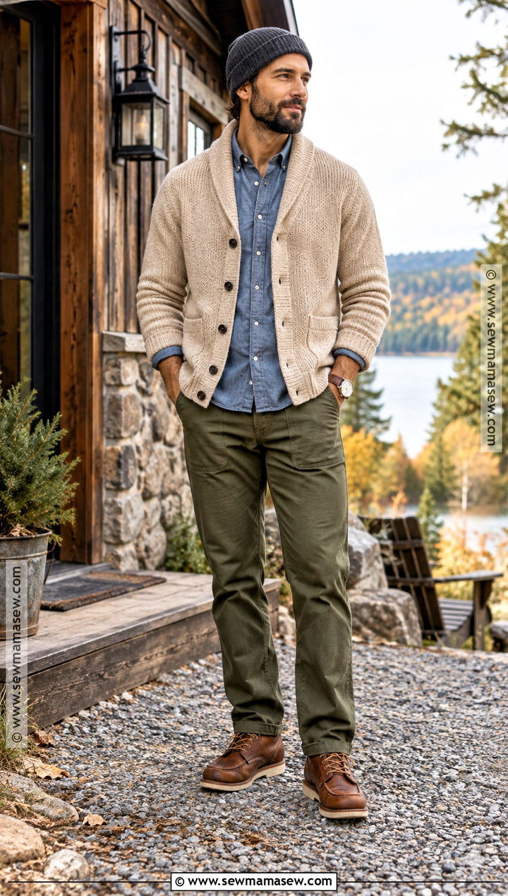 Shawl Collar Sweater With Work Pants - 15 Fall Sweaters for Men