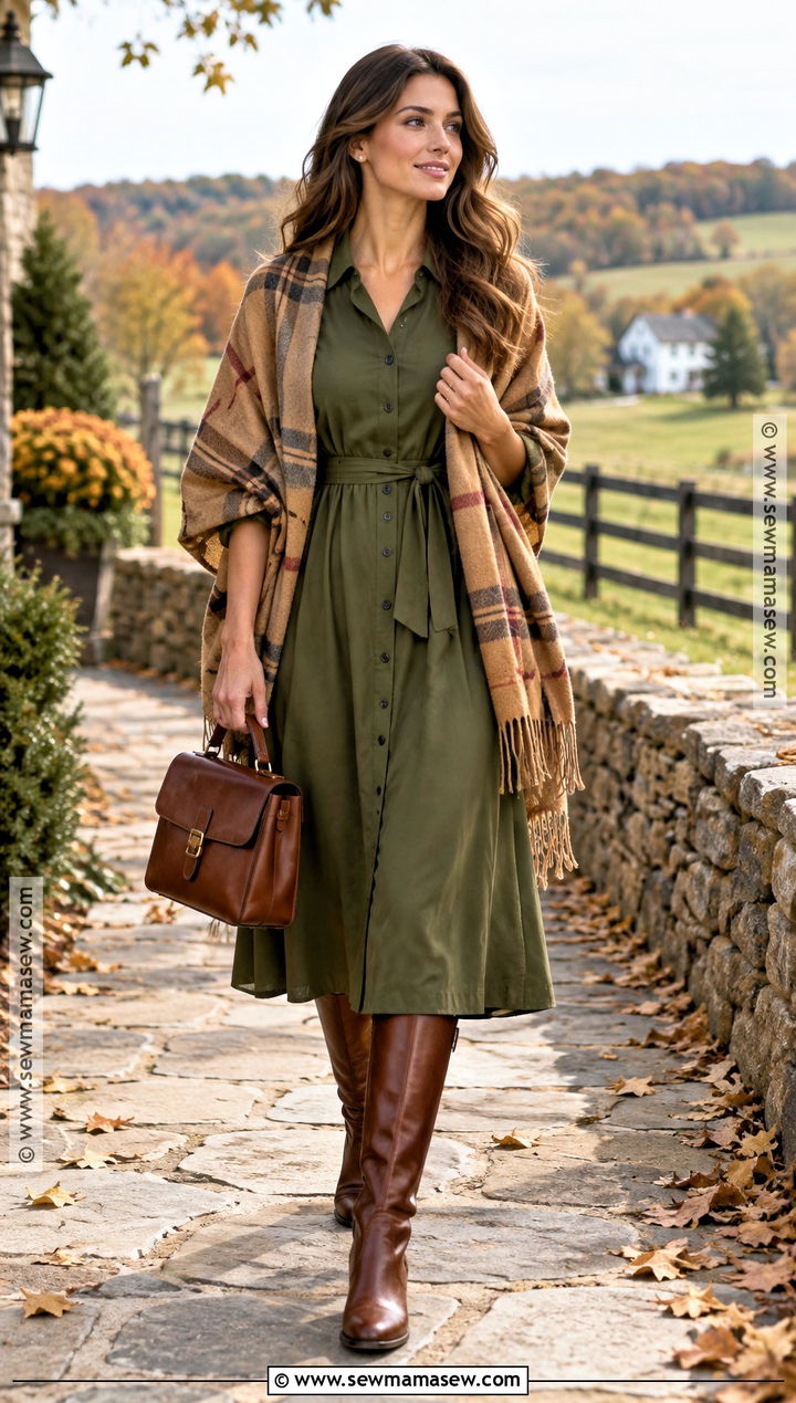 Shawl With A Button Down Dress And Riding Boots - 20 shawl outfit fall ideas