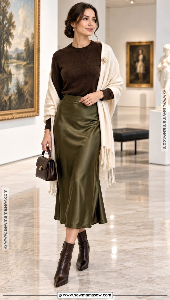 Shawl With A Satin Skirt And Fitted Sweater - 20 shawl outfit fall ideas