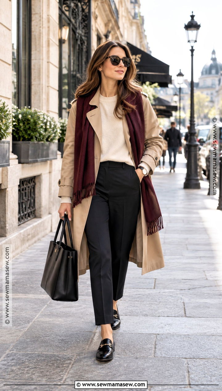 Shawl With A Trench Coat And Loafers - 20 shawl outfit fall ideas