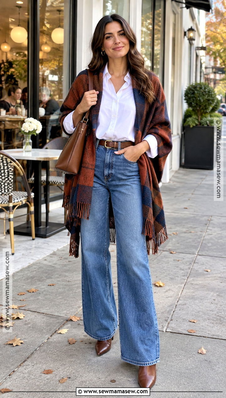 Shawl With A White Shirt And Wide Leg Jeans - 20 shawl outfit fall ideas