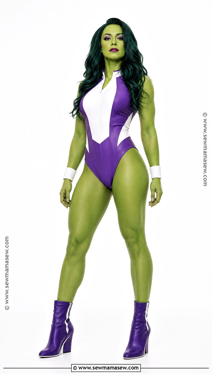 She Hulk Costume With Purple And White Bodysuit - 30 Superwomen Costume Ideas