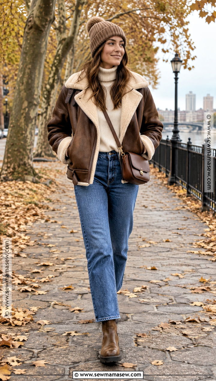 Shearling Aviator Jacket With Jeans And Boots - 20 fall jackets for women