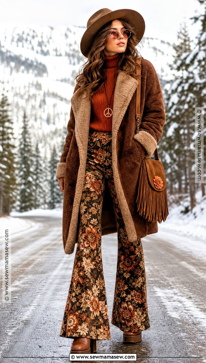 Shearling Coat And Printed Flares Hippie Costume - 30 hippie outfits 70s costume