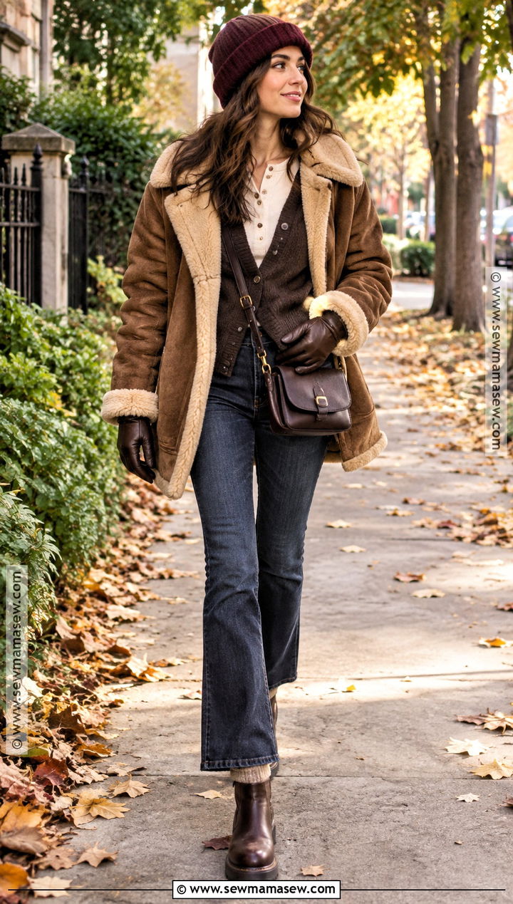Shearling Coat With Henley And Flared Jeans - 20 30 degree weather outfit fall ideas