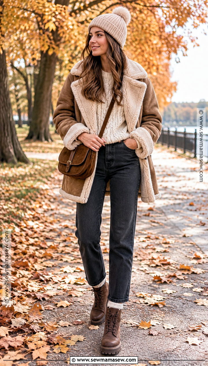 Shearling Coat With Knit Sweater And Dark Jeans - 15 Fall Coats for Women 2026