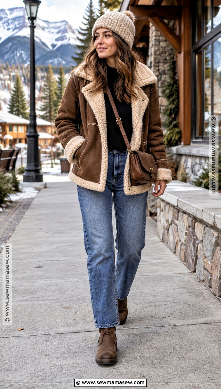 Shearling Coat With Sweater And Relaxed Jeans - 25 fall coat ideas