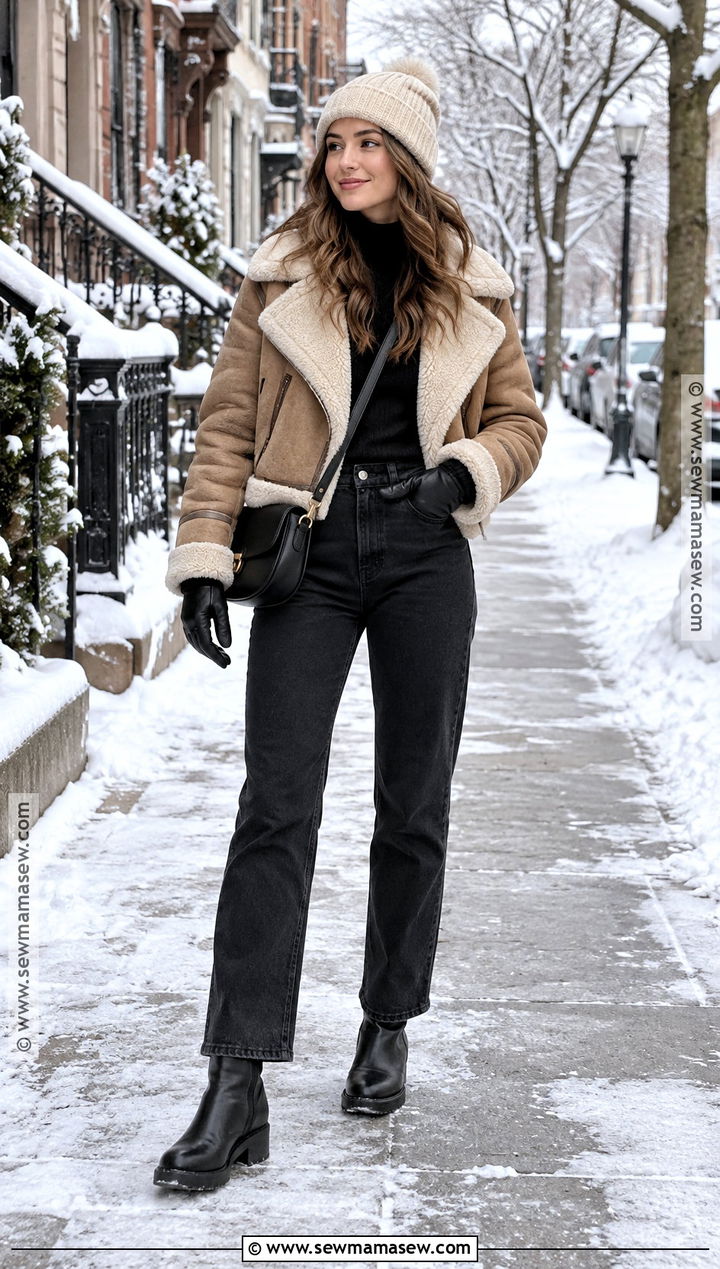 Shearling Jacket And Black Jeans Winter Outfit - 25 fallwinter outfits