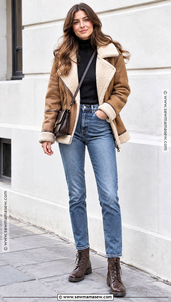 Shearling Jacket And Denim Outfit - 25 fall 2026 fashion trends street style