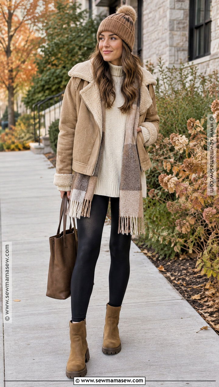 Shearling Jacket And Leggings Outfit - 15 Fall Fashion Fabric Inspiration Ideas