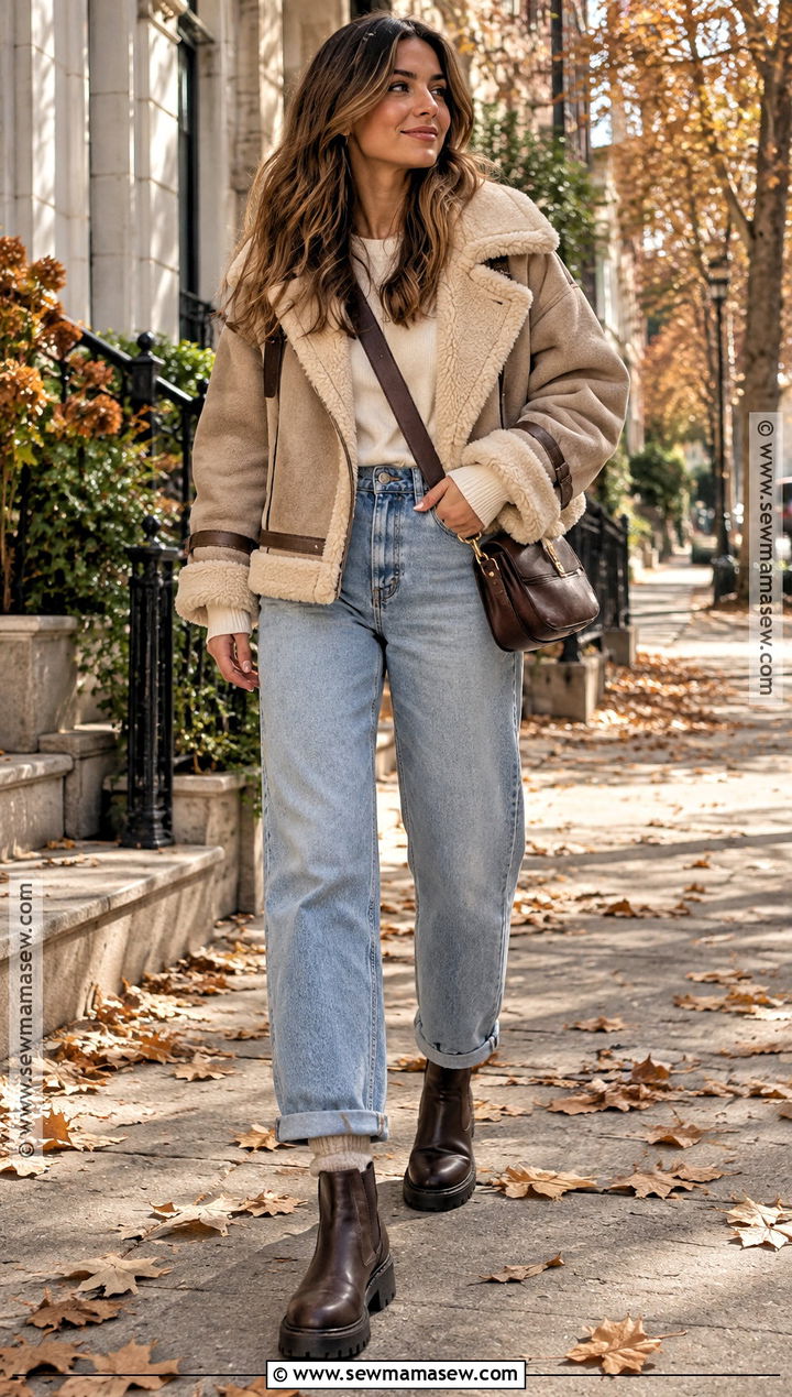 Shearling Jacket And Light Blue Jeans Outfit - 20 light blue jeans outfit fall