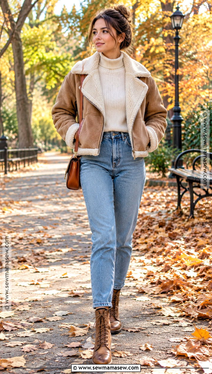 Shearling Jacket And Mom Jeans Outfit - 30 fall outfits 2026 trends