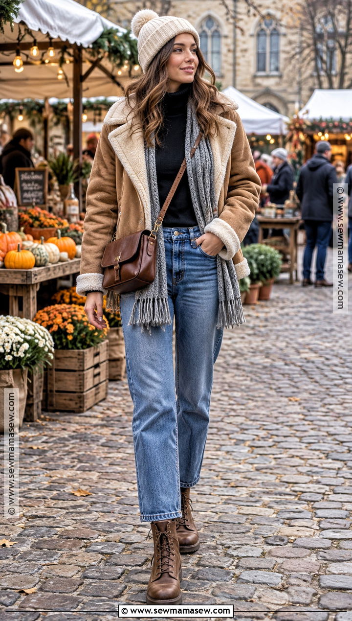 Shearling Jacket With Straight Jeans Outfit - 30 autumn jacket ideas