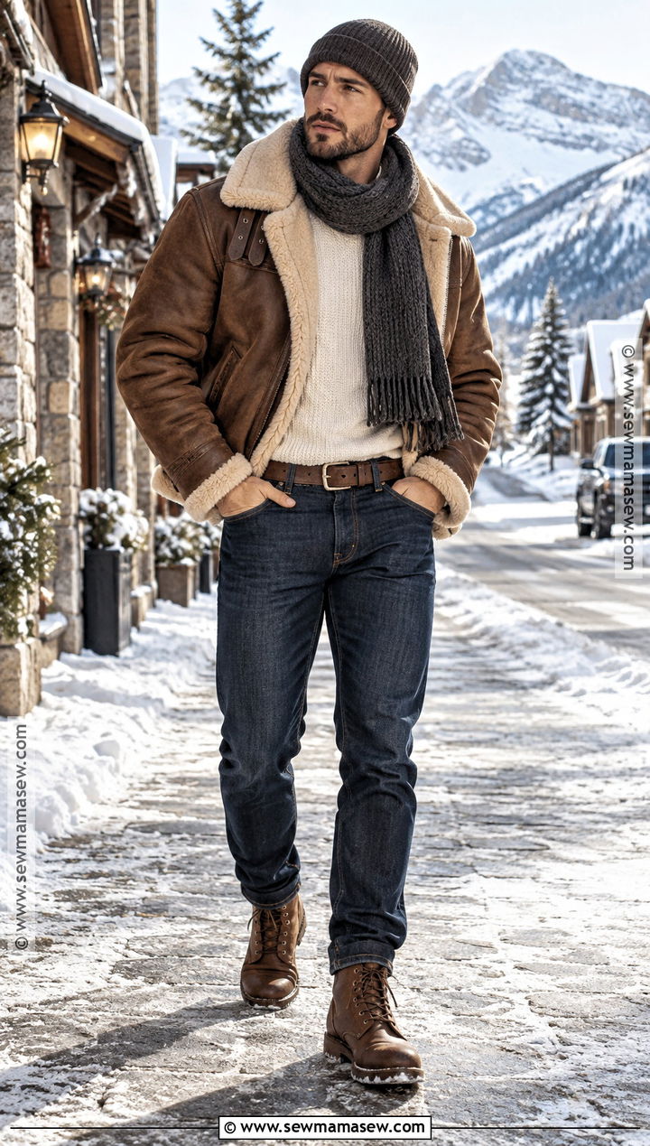 Shearling Jacket With Thermal Shirt And Jeans - 20 fall winter outfits for men