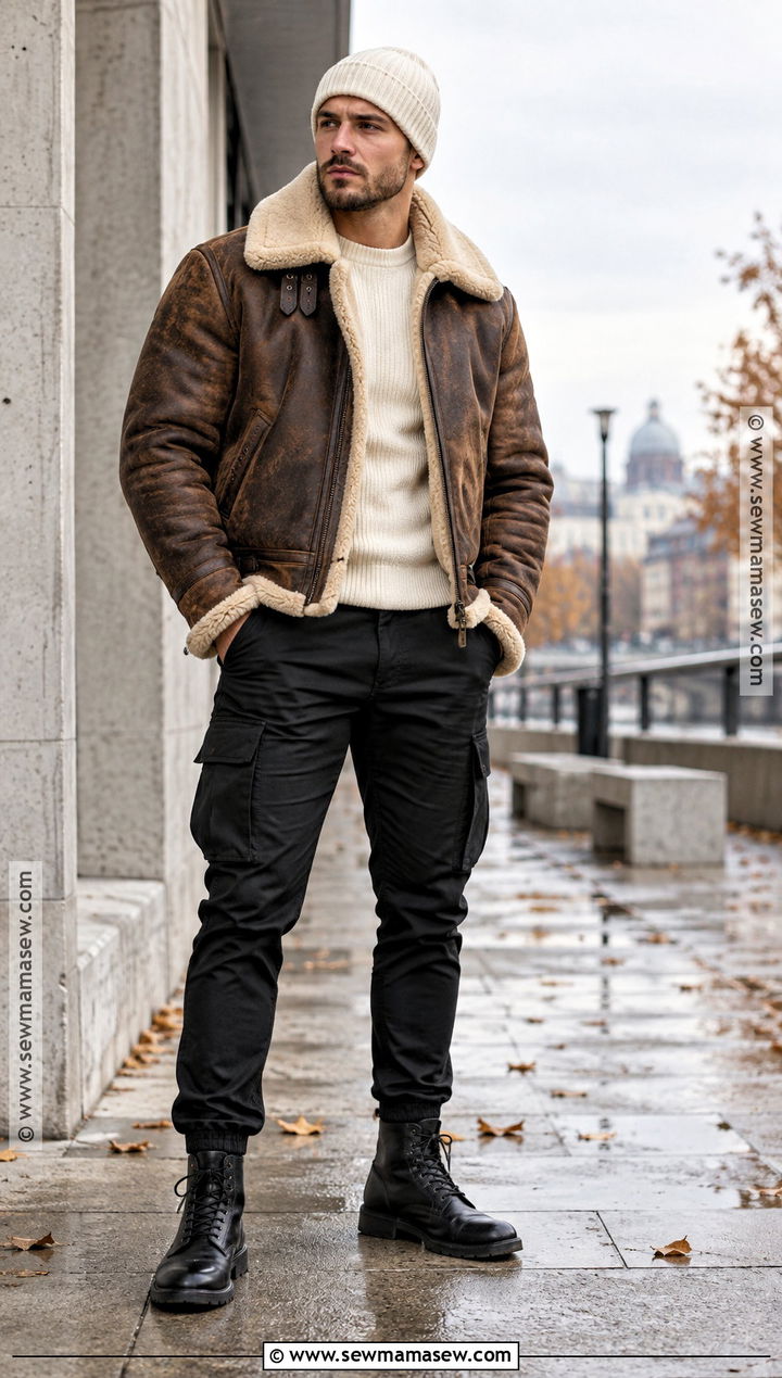 Shearling Jacket and Black Cargo Pants Outfit - 25 fall drip outfits for men
