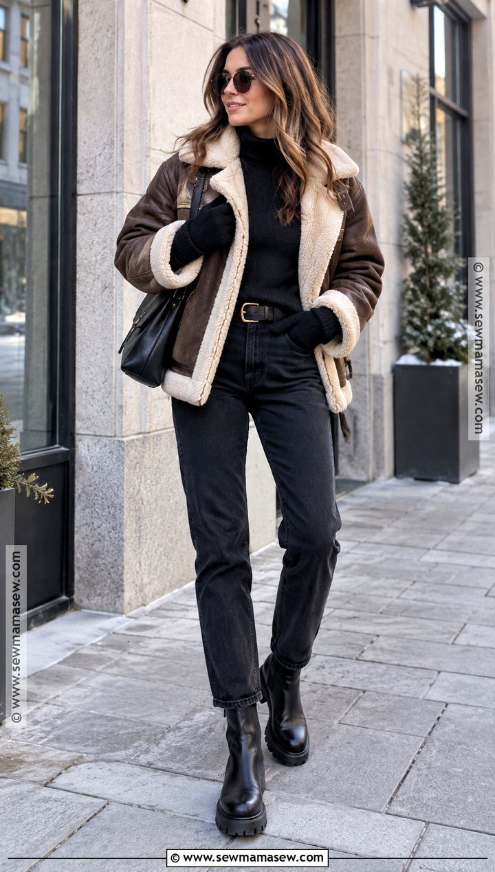 Shearling Jacket and Black Jeans Outfit - 20 winter inspo outfits fall street styles