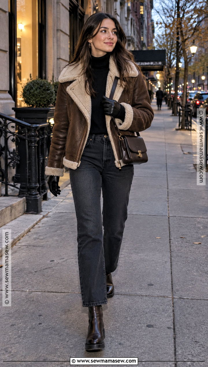 Shearling Jacket and Dark Jeans NYC Night Outfit - 15 nyc night outfit fall ideas