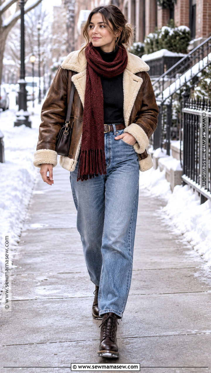 Shearling Jacket and Relaxed Jeans Outfit - 25 winter autumn outfits