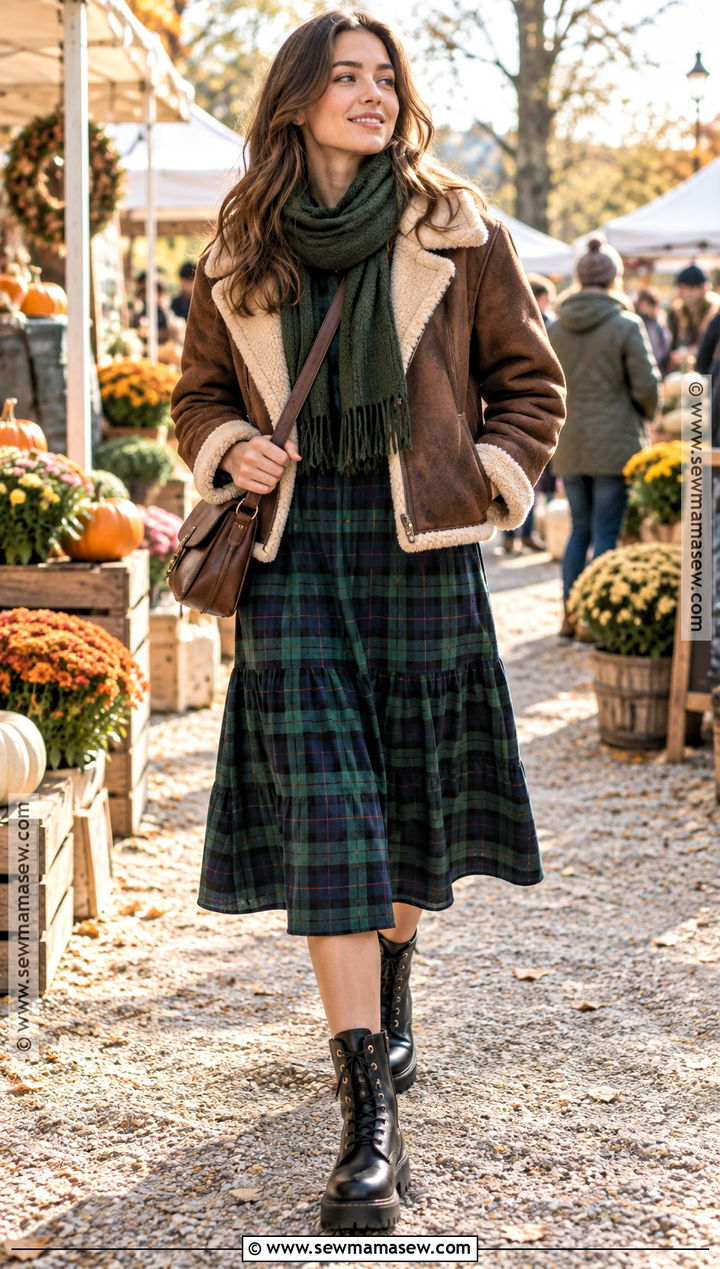 Shearling Leather Jacket With Plaid Midi Dress - 15 leather jacket dress outfit fall ideas