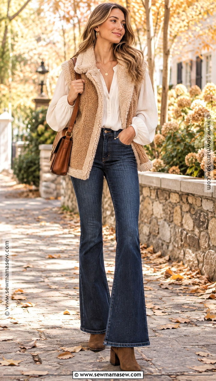 Shearling Vest With Blouse And Flared Jeans - 15 Outfit Ideas With Vests Fall Fashion