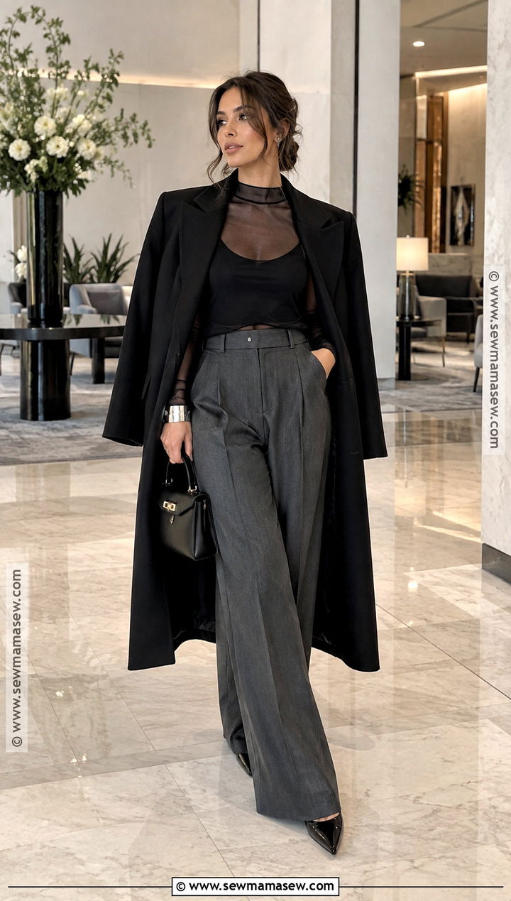 Sheer Black Top And Tailored Trousers Outfit - 15 fall 2026 fashion trends night out