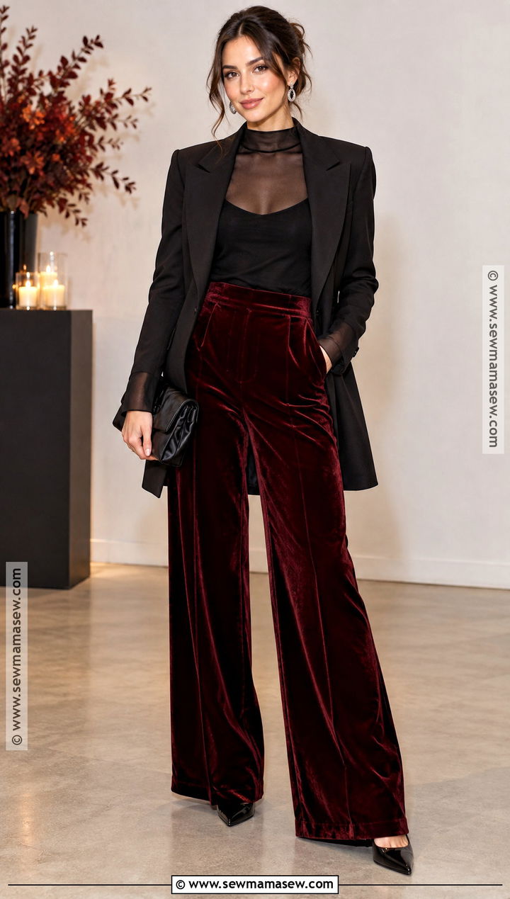 Sheer Black Top And Velvet Trousers Autumn Party Outfit - 25 autumn party outfit night ideas